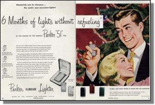 1952 Parker flaminaire cigarette lighter 2 page Christmas print ad