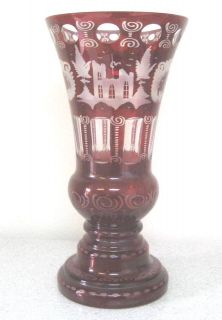 EGERMANN CZECH BOHEMIAN RUBY RED & CLEAR ETCHED 12 INCH VASE