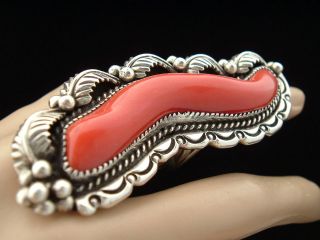   Old Pawn Native American Sterling Silver & Red Coral NAVAJO RING 39g