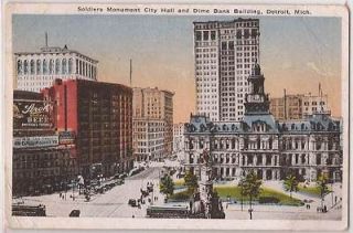Detroit Michigan Postcard Soldiers Monument City Hall & Dime Bank 