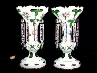   Bohemian Czech Electric Green Cased Glass Mantle Lusters Prisms Lamps