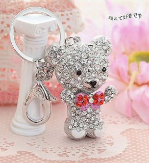 new crystal pink bow silver bear key ring bag chain