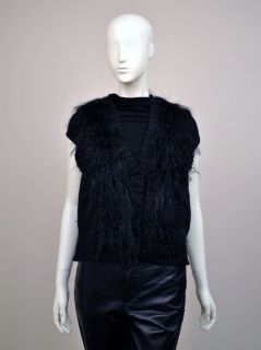 NWT Belle Fare Black Knitted Wool Mongolian Lamb Fur Vest Gilet Coat 