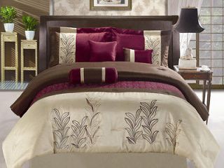 7pcs king burgundy and tan embroidered comforter set time left