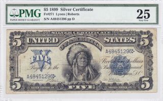 1899 $5 DOLLAR BILL LARGE SILVER CERTIFICATE CHIEF PMG 25 # S53