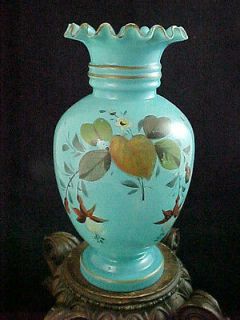   French Blue Opaline Hand Painted Enamel Floral Art Glass Vase