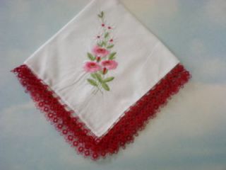 11x11 handkerchief with red hand tatted lace edge 