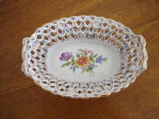 Antique DRESDEN Porcelain Pierced Basket with Encrusted Flowers 