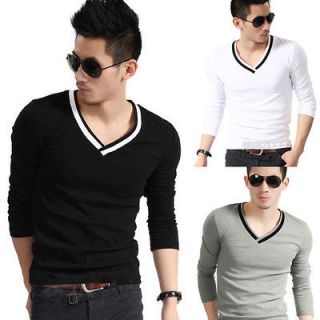 New Korea Solid Color Mens Fashion V Neck Slim Long Sleeve T Shirt 