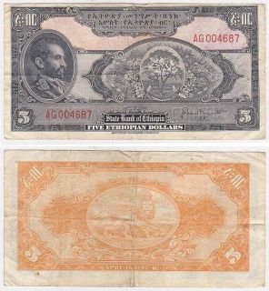   OF ETHIOPIA FIVE ETHIOPIAN DOLLARS 1945 EMPEROR HAILE SELASSIE P.13b