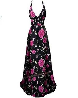 Sexy Floral Printed Rose V Neck Long Maxi Evening Dresses S Black