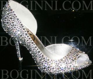 WOMENS MICHAELANGLO WHITE SATIN AND DIAMOND BRIDAL PROM DRESS SHOES 