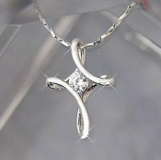 New 18K White Gold GP Use Crystals Lab Diamond Infinity Cross Necklace 