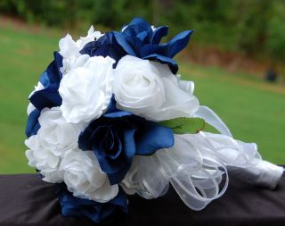 Wedding Silk Flower Bouquet Boutonniere Corsage Centerpiece White Navy 