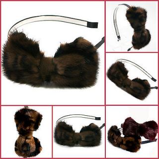 Real Genuine Leopard Mink Fur Bow Hair Band Ribbon Headband