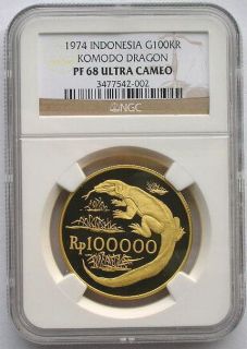 indonesia 1974 komodo gragon ngc pf68 gold coin rare from
