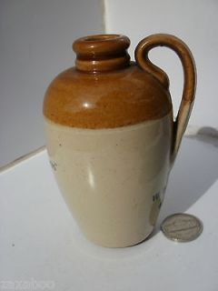   TRANSFER PRINTED MINIATURE STONEWARE FLAGON CROCK WITH HANDLE TWO TONE