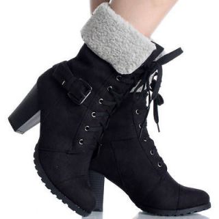 Black Lace Up Ankle Boots Work Winter Fold Over Fur Womens High Heels 
