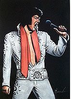 New Hand Painted 18x12 Velvet Elvis Presley White Jump suit w/Red 