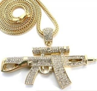 Gun Gang Soulja Boy Crystal Iced Out Pendant Gold Franco Chain 