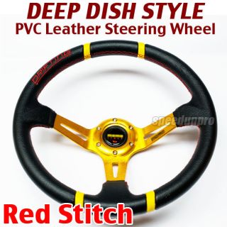 350mm DRIFTING PVC Leather Deep Dish Steering Wheel 14 BLACK GOLD Red 