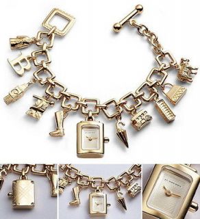 New Burberry Lady 18K Gold Charm Bracelet Watch w/ Leather Gift Box 