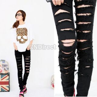 New Women Skinny Jeans Jeggings Trousers Black Cut out Punk Ripped 
