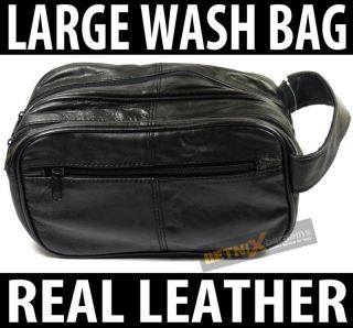 mens large soft black leather toiletry travel wash bag from