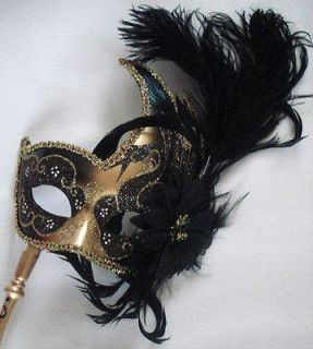 BLACK CARNIVAL on a Stick Venetian Mask Costume BLACK & GOLD Hand 