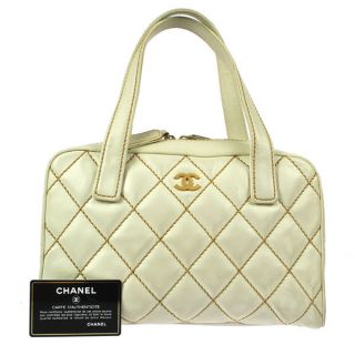 Authentic CHANEL Wild Stitch Quilted Hand Hobo Bag White Leather 
