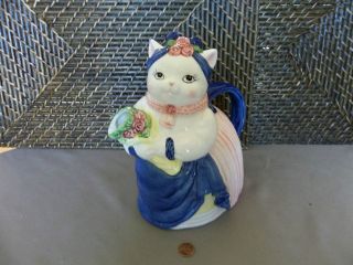 Lady cat figurine teapot colorful dress floral ceramic Cooks Bazaar 