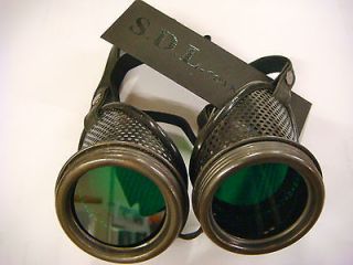Steampunk handmade mesh frame gunmetal goggles with bottle green lens