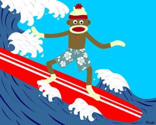  Print Sock Monkey Surfer Dude Surfboard Longboard Surfing Surf Pop Art