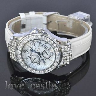   modern Elegant Silver Crystal Quartz Womens Leather Band Watch L11