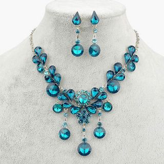 Flower Simulated Sapphire Earring Wedding Party Necklace Pendant Set 