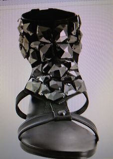    Michel Cazabat black leather Tasha jeweled flat sandals 37.5,7.5