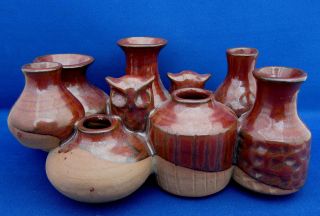 Takahashi Japan 7 Terra Cotta Pottery Connected Vases Owls Half Glaze 