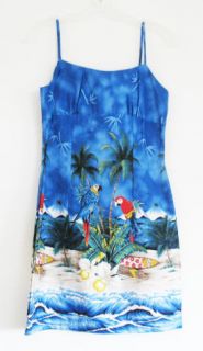 KYs Womens Blue Hawaiian Parrots Spaghetti Strap Dress Sz S   NWOT