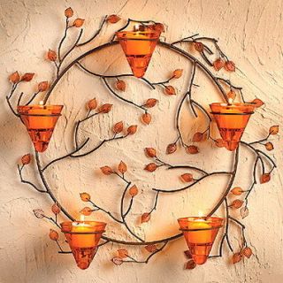 Amber Autumn Leaf Branch Wall Sconce Candle Holder Wreath Fall Decor 