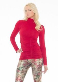   SEEMLESS LONG SLEEVE MOCK TURTLE NECK WITH RUCHING IN RED S,M,L,XL
