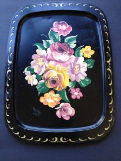  TV Tray Floral Roses Black Purple Yellow Tray Only NICE~21 X 17