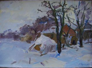 Russian Ukrainian Oil Painting Impressionism Landscape Winter Village