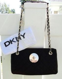 DKNY QUILTED NAPPA MODERN LOCK BLACK LEATHER CHAIN STRAP SHOULDER 