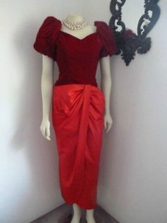 Red Vintage 80s velvet satin puff sleeve Big Bow party holiday dress 