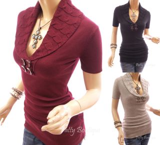 Unique V Neck Shawl Collar Short Sleeve Knit Sweater Blouse Tunic Top