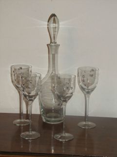 Vintage Toscany Handblown Glass Decanter with 4 Long Stem Wine Glasses 