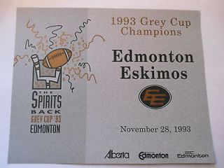 OFFICIAL 1993 EDMONTON ESKIMOS GREY CUP CHAMPIONS 8X10 CERTIFICATE 