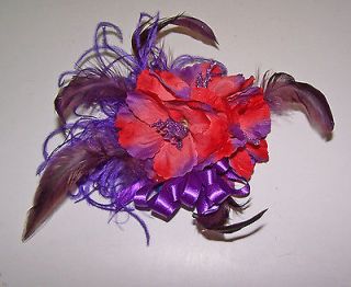 MAGNETIC RED & PURPLE FLOWER & FEATHER CORSAGE FOR RED HAT LADIES OF 