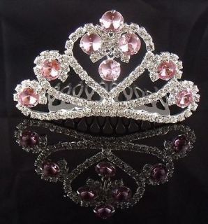 Wedding Bridal Pageant Pink crystal Lovely tiara crown Mini Comb 