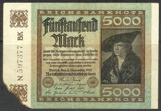 GERMANY   5,000 MARK Reichsbanknote (1922 Issue) VF XF, burned